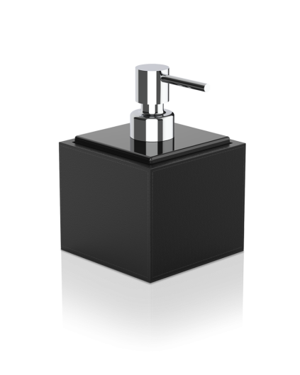 Sæbedispenser sort/krom, 430ml, kunstlæder 14,7x9,9x9,9