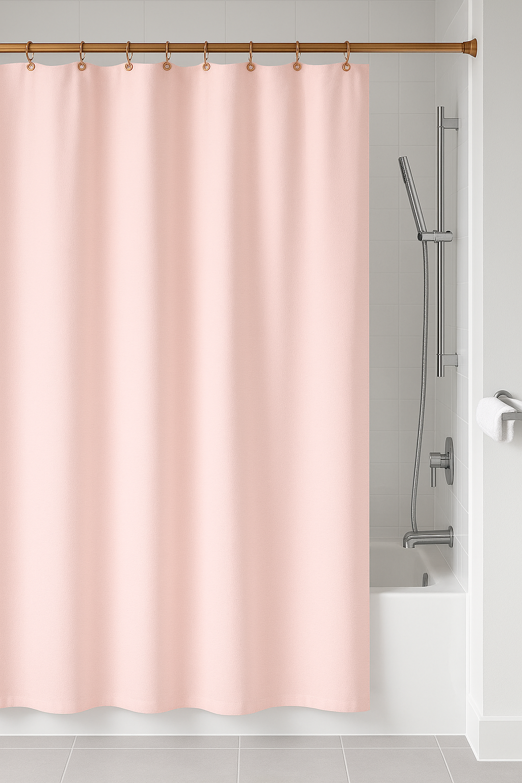 Badeforhæng Primo lyserød med kober look forhængsstang