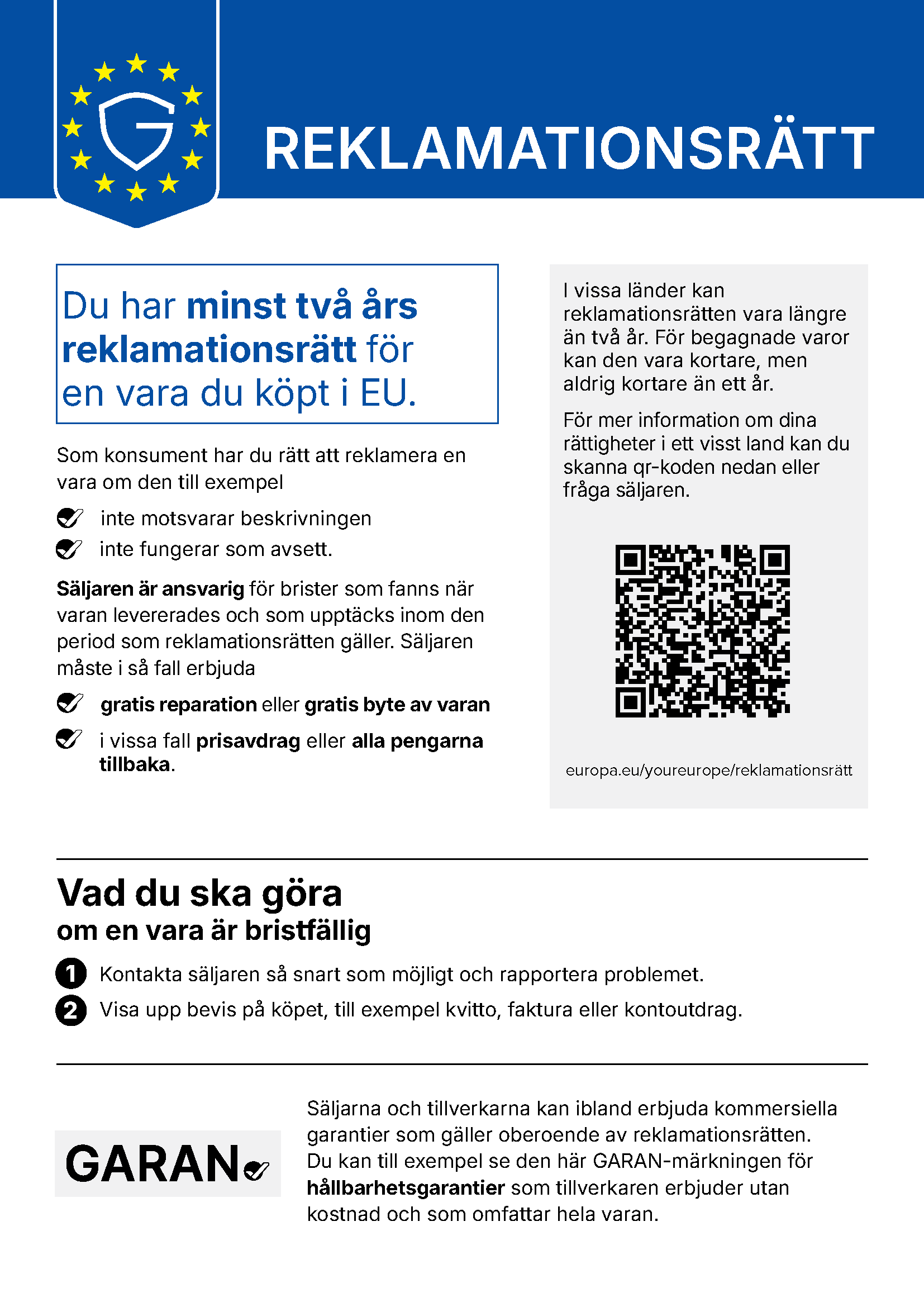 EU-meddelande om rättslig garanti – dina rättigheter vid fel